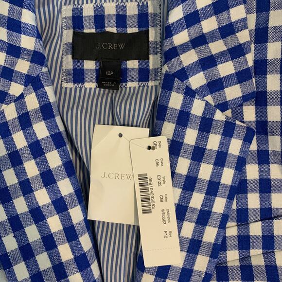 J Crew Blazer Womens 12 Petite Blue White Gingham Schoolboy Linen Shoulder Pads - Picture 6 of 12